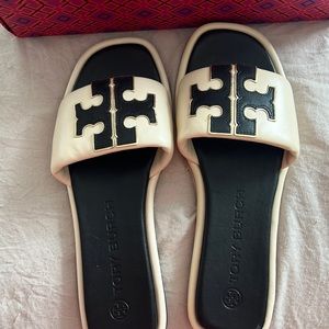 TORY BURCH Women Double T Logo Leather Slide Sandals - like new